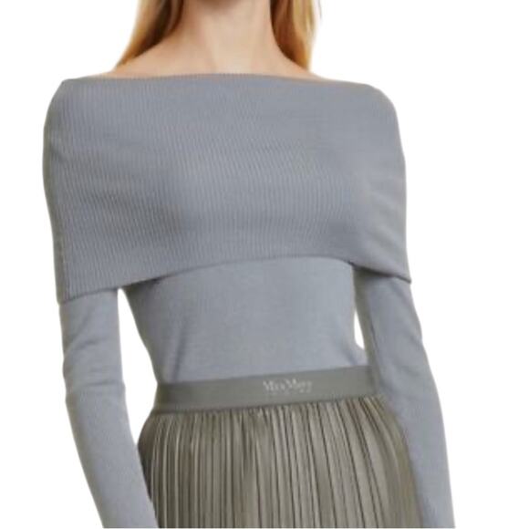 Max Mara Leisure Lorena Turtleneck Off- Shoulder Ribbed Wool Sweater Pale Blue